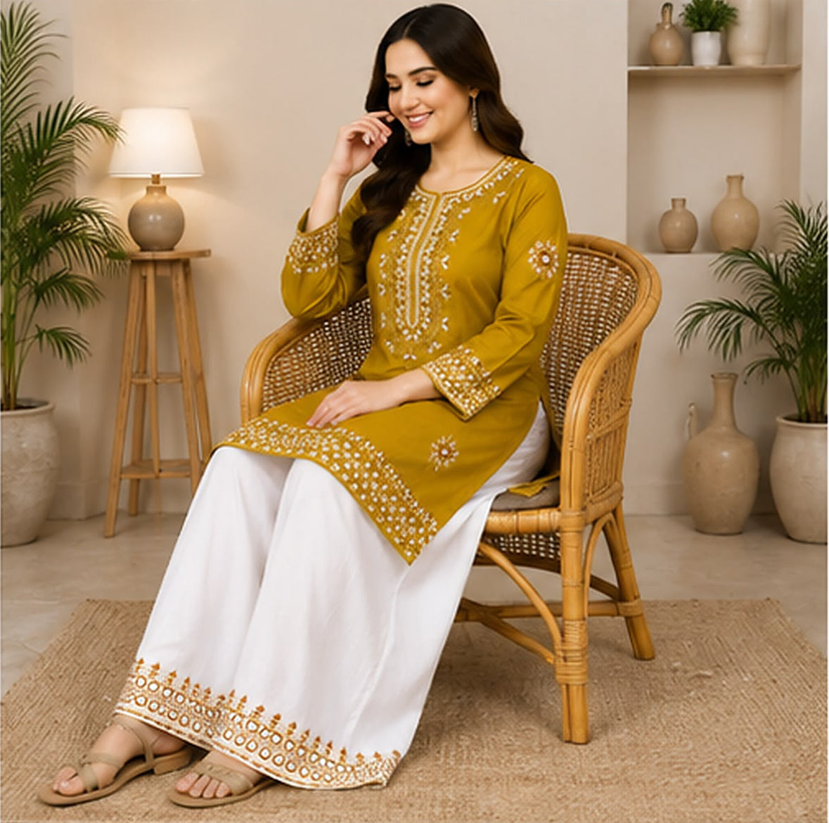 Mustard Cotton Embroidered 2-Piece Stitched Suit – Kurta & Farshi Salwar