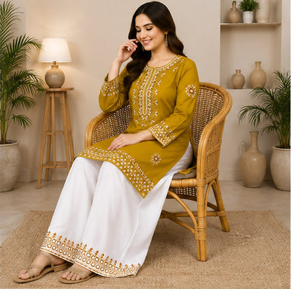 Mustard Cotton Embroidered 2-Piece Stitched Suit – Kurta & Farshi Salwar