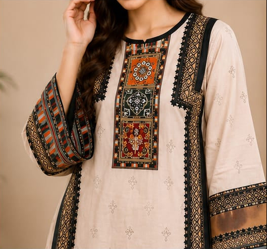 Elegantly Embroidered 2-Piece Linen Suit – Off-White & Black