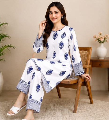 Printed & Embroidered 2-Piece Lawn Suit – White & Royal Blue
