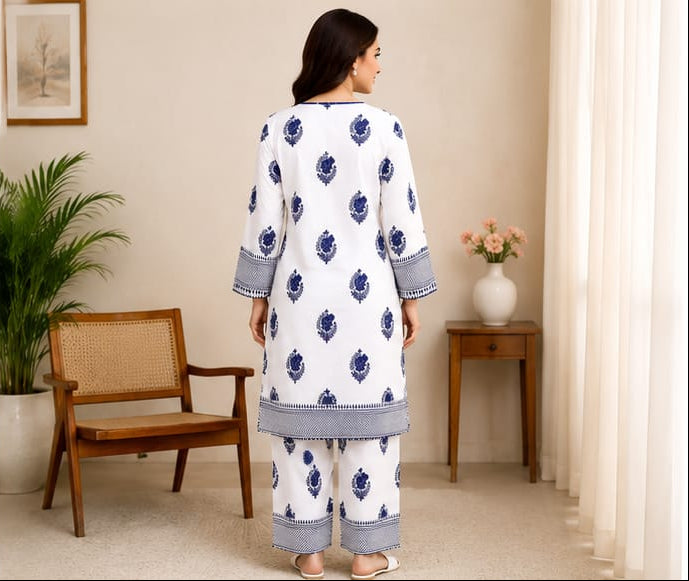 Printed & Embroidered 2-Piece Lawn Suit – White & Royal Blue