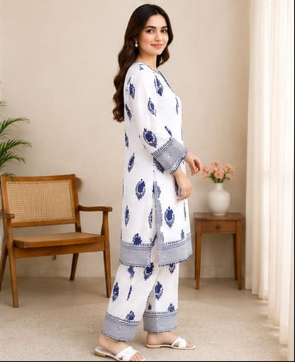 Printed & Embroidered 2-Piece Lawn Suit – White & Royal Blue