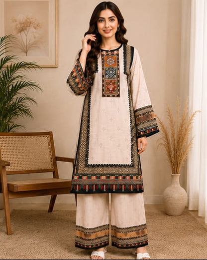 Elegantly Embroidered 2-Piece Linen Suit – Off-White & Black