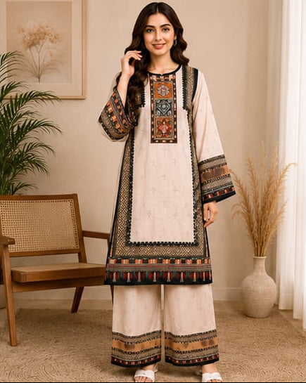 Elegantly Embroidered 2-Piece Linen Suit – Off-White & Black