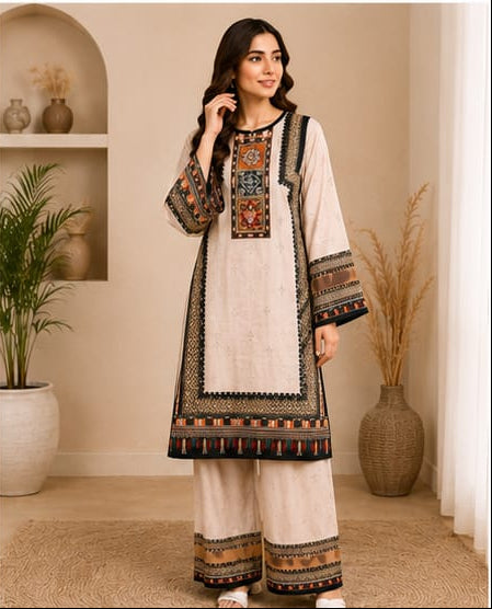 Elegantly Embroidered 2-Piece Linen Suit – Off-White & Black